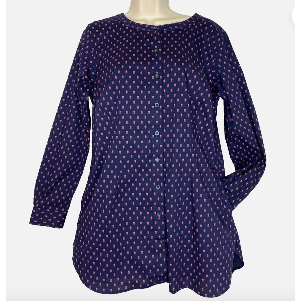 Duluth‎ Trading Co Navy Pineapple Print Button Front Tunic Shirt Dress Pockets L